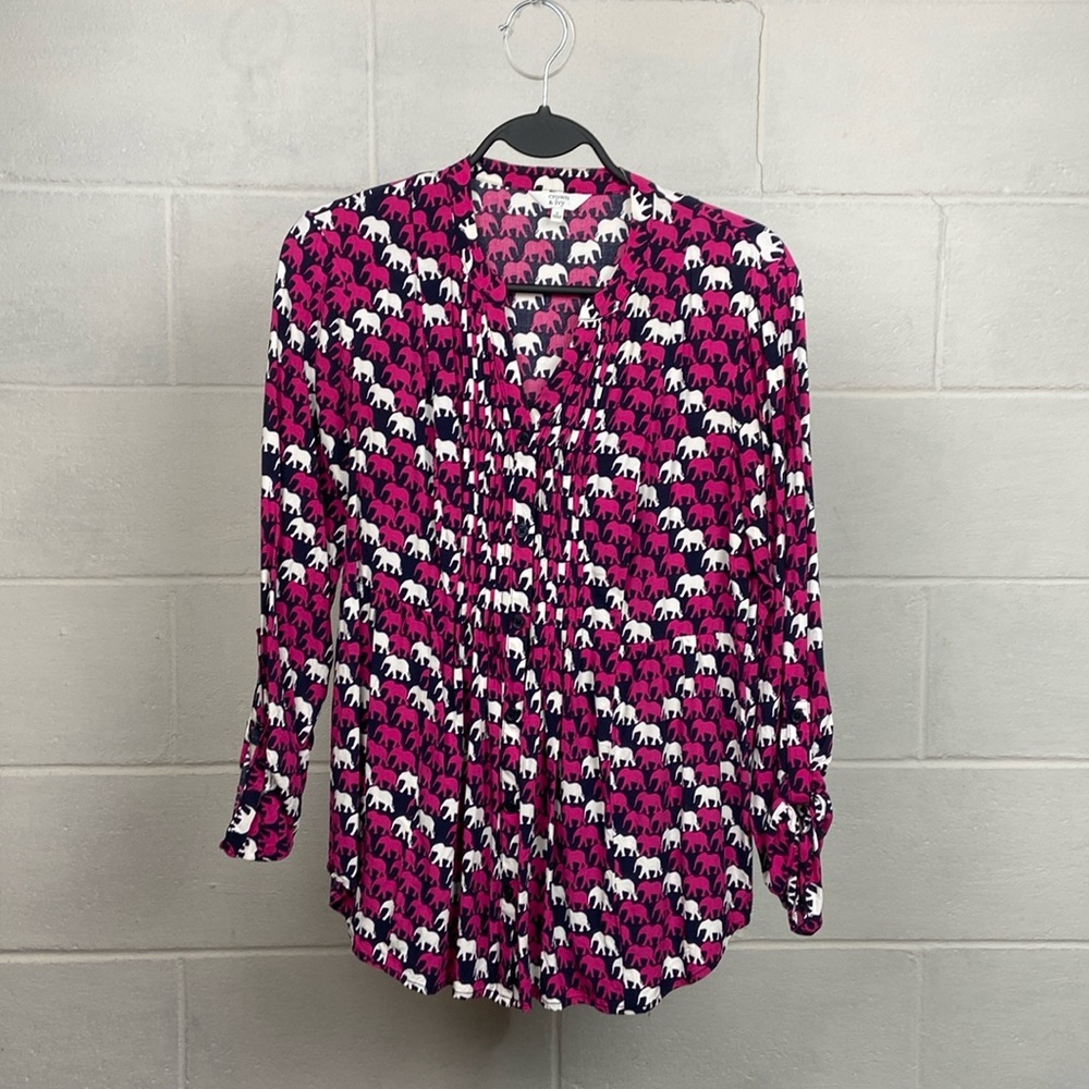Crown & Ivy Women's Elephant Print Button Down Top SMALL Roll Tab Sleeves V-neck